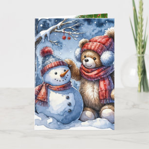 Cartes Pour Fêtes Annuelles Ours en peluche de Noël avec bonhomme de neige