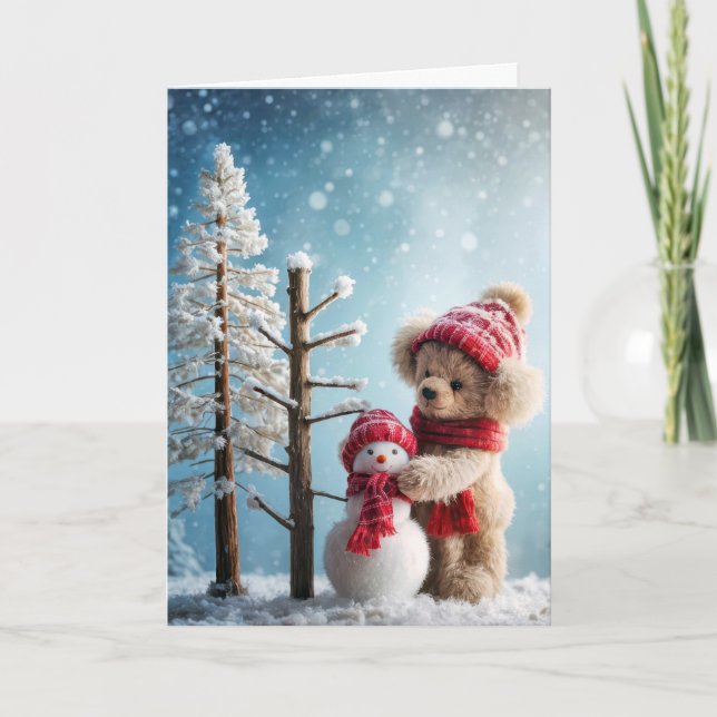 Cartes Pour Fêtes Annuelles Ours en peluche de Noël avec bonhomme de neige (Devant)