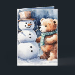 Cartes Pour Fêtes Annuelles Ours en peluche de Noël avec Snowman<br><div class="desc">Ours en peluche marron à l'aquarelle mignon avec bonhomme de neige et flocons de neige Texte modifiable.</div>