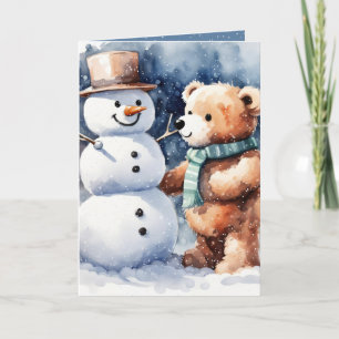 Cartes Pour Fêtes Annuelles Ours en peluche de Noël avec Snowman