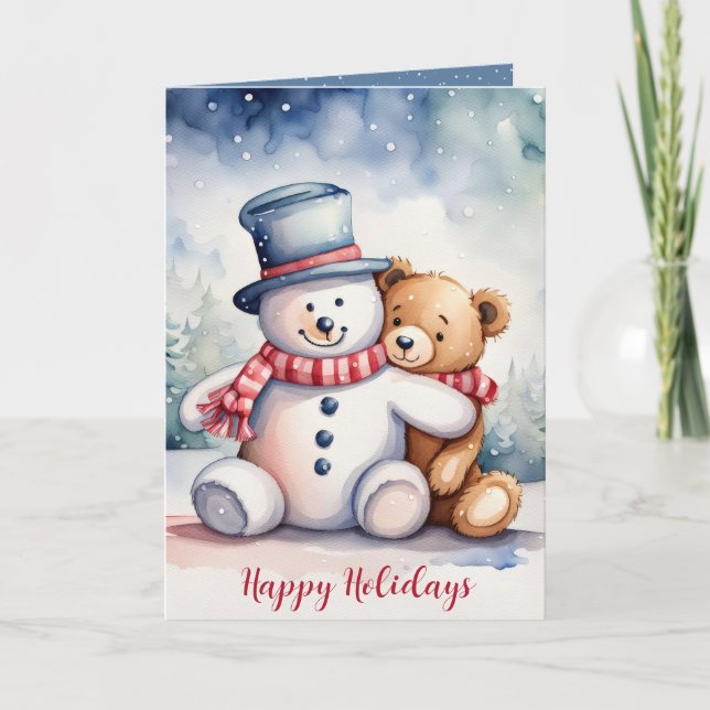 Cartes Pour Fêtes Annuelles Ours en peluche de Noël avec Snowman (Devant)