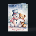 Cartes Pour Fêtes Annuelles Ours en peluche de Noël avec Snowman<br><div class="desc">Joli ours en peluche marron à l'aquarelle avec bonhomme de neige. Le texte est modifiable.</div>