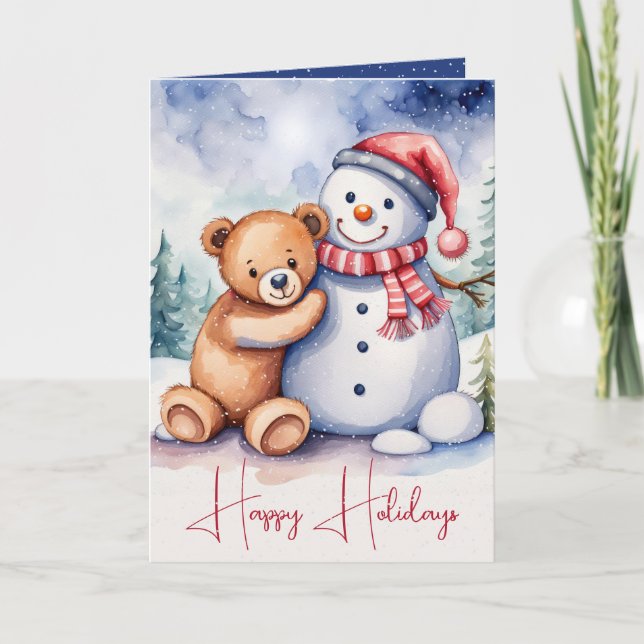 Cartes Pour Fêtes Annuelles Ours en peluche de Noël avec Snowman (Devant)