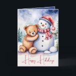 Cartes Pour Fêtes Annuelles Ours en peluche de Noël avec Snowman<br><div class="desc">Ours en peluche marron à l'aquarelle mignon avec bonhomme de neige et flocons de neige. Le texte est modifiable.</div>