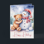 Cartes Pour Fêtes Annuelles Ours en peluche de Noël avec Snowman<br><div class="desc">Ours en peluche marron à l'aquarelle mignon avec bonhomme de neige et flocons de neige. Le texte est modifiable.</div>