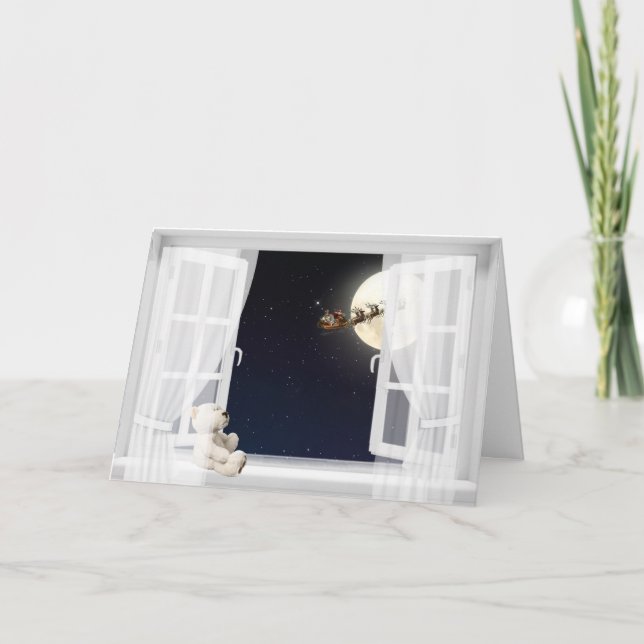 Cartes Pour Fêtes Annuelles Ours en peluche de Noël par fenêtre (Devant)