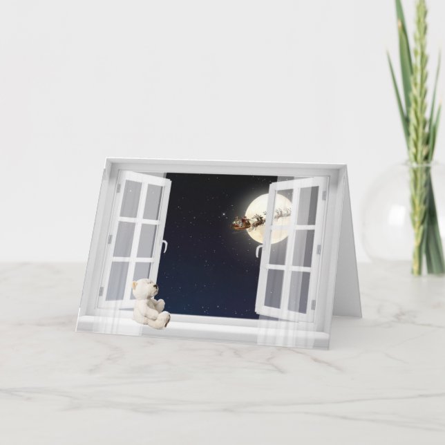 Cartes Pour Fêtes Annuelles Ours en peluche de Noël par fenêtre (Devant)