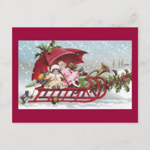 Cartes Pour Fêtes Annuelles Ours en peluche et poupées sur traîneau Noël Vinta