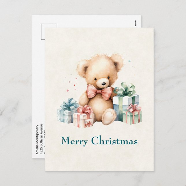 Cartes Pour Fêtes Annuelles Ours en peluche mignonne avec cadeaux de Noël (Devant / Derrière)