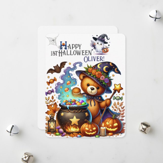 Cartes Pour Fêtes Annuelles Ours en peluche sorcier d'Halloween de vacances (Devant/Arrière en situation)