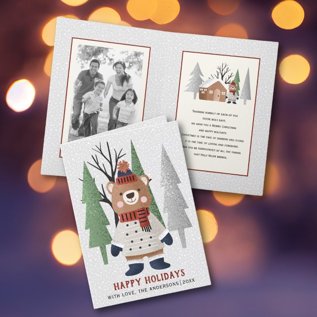 Cartes Pour Fêtes Annuelles Ours et arbres d'hiver photo de Noël pliée (Créateur téléchargé)