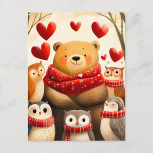 Cartes Pour Fêtes Annuelles Ours et famille de hiboux cosy en forêt en hiver