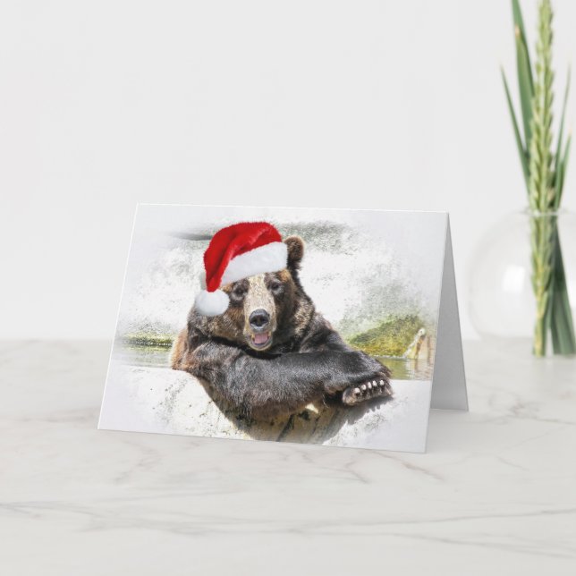 Cartes Pour Fêtes Annuelles Ours grizzli avec Casquette de Noël (Devant)