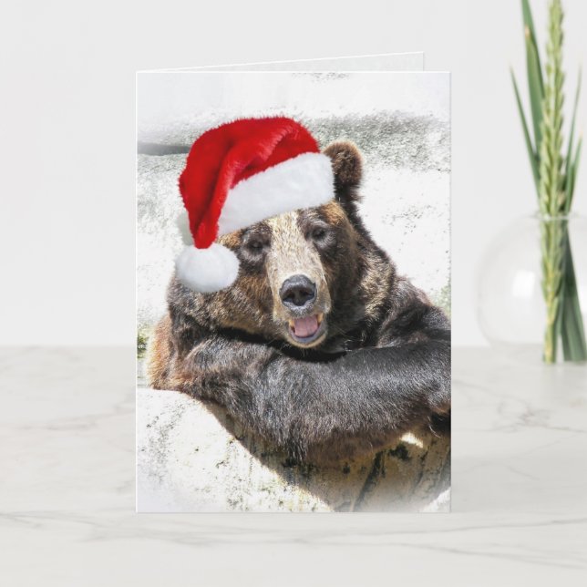 Cartes Pour Fêtes Annuelles Ours grizzli avec Casquette de Noël (Devant)