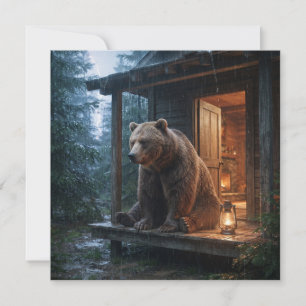 Cartes Pour Fêtes Annuelles Ours Grizzly Assis Sur Le Porche D'une Cabane Cosy