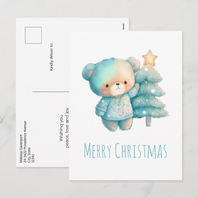 Cartes Pour Fêtes Annuelles Ours mignon et sapin de Noël (Devant / Derrière)