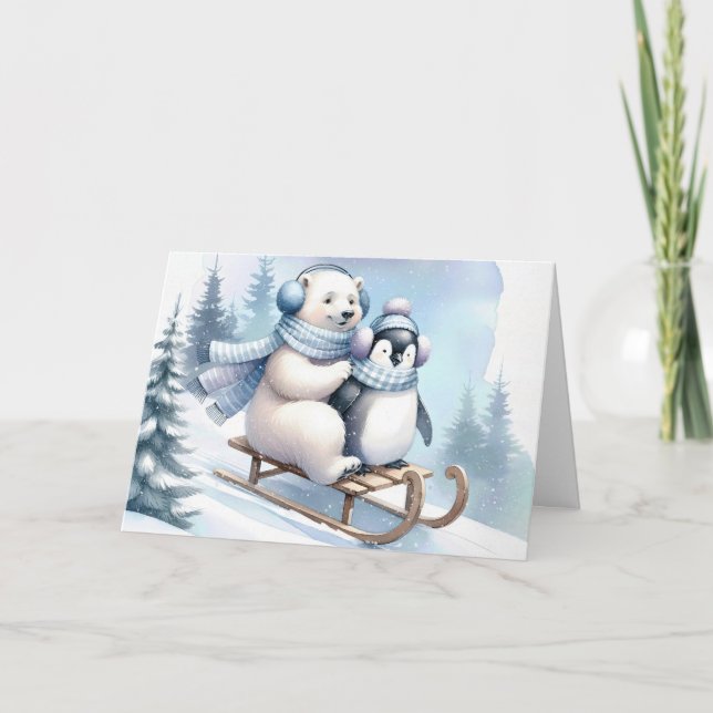 Cartes Pour Fêtes Annuelles Ours pingouin et polaire sur un traîneau (Devant)