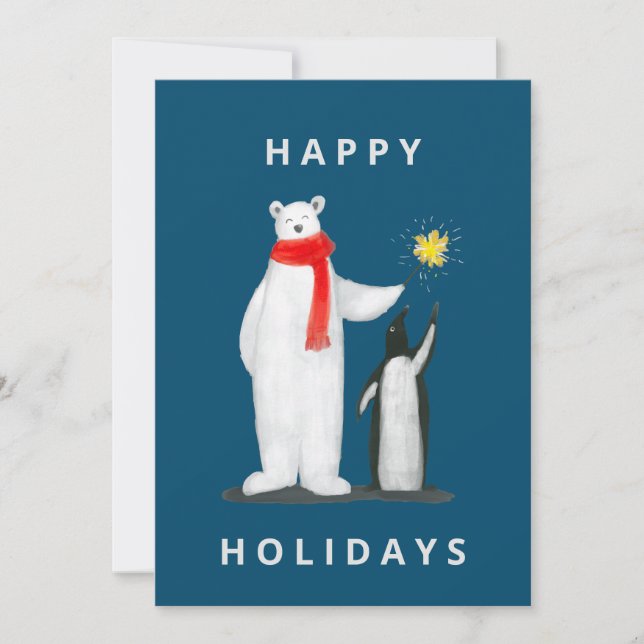 Cartes Pour Fêtes Annuelles Ours & Pinguin sur fond bleu (Devant)
