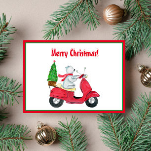 Cartes Pour Fêtes Annuelles Ours polaire à la gouache de Noël sur scooter