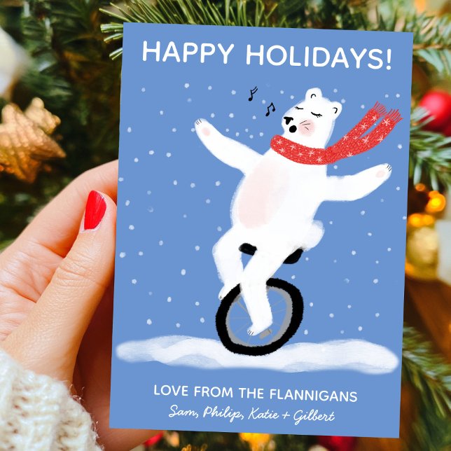 Cartes Pour Fêtes Annuelles Ours polaire à monocycle chante Noël personnalisé (Singing Unicycle Polar Bear Christmas Custom Holiday Card
)