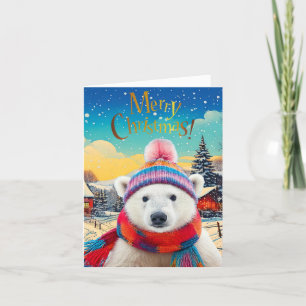 Cartes Pour Fêtes Annuelles Ours polaire chapeau de Père Noël et écharpe Joyeu