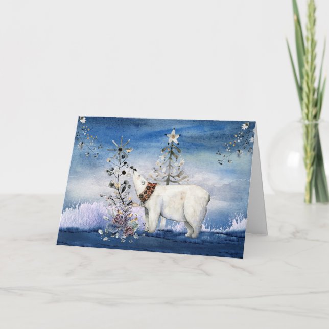 Cartes Pour Fêtes Annuelles Ours polaire de fête et baies d'hiver (Devant)