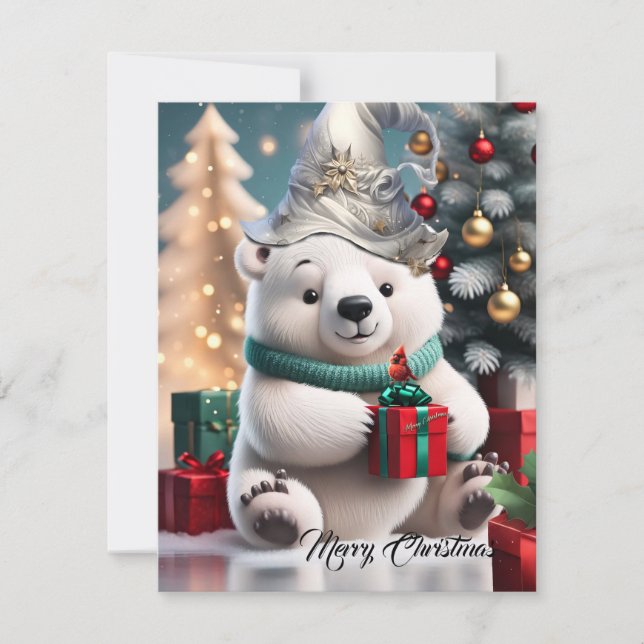 Cartes Pour Fêtes Annuelles Ours polaire moelleux de noël avec cadeau. (Devant)