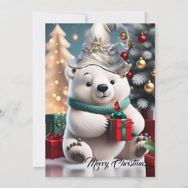 Cartes Pour Fêtes Annuelles Ours polaire moelleux de noël avec cadeau. (Devant)