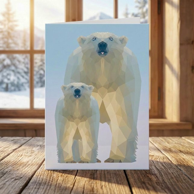 Cartes Pour Fêtes Annuelles Ours Polaire très faible avec bébé (Cute low poly Polar bear with baby Holiday Card)