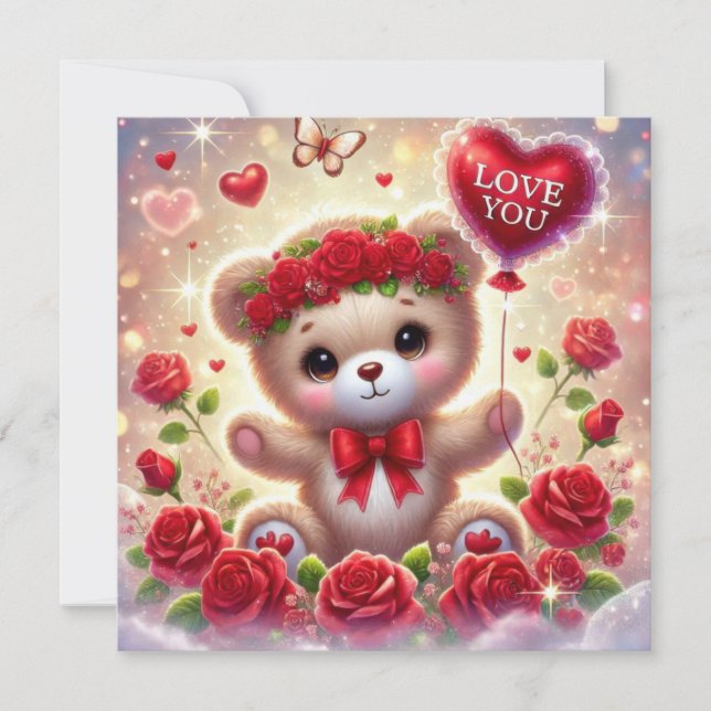 Cartes Pour Fêtes Annuelles Ours valentin avec ballon rouge je t'aime (Devant)