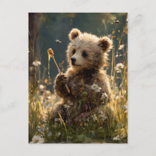 Cartes Pour Fêtes Annuelles Ourson avec du miel dans une prairie de fleurs sau