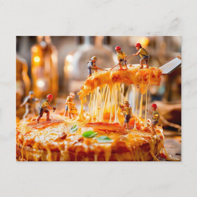Cartes Pour Fêtes Annuelles ouvriers miniatures coupant la pizza au fromage fo (Devant)