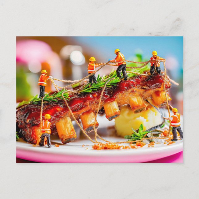 Cartes Pour Fêtes Annuelles ouvriers miniatures cuisine barbecue côtes de porc (Devant)