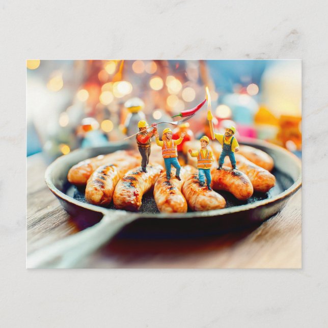Cartes Pour Fêtes Annuelles ouvriers miniatures frire des saucisses dans la po (Devant)