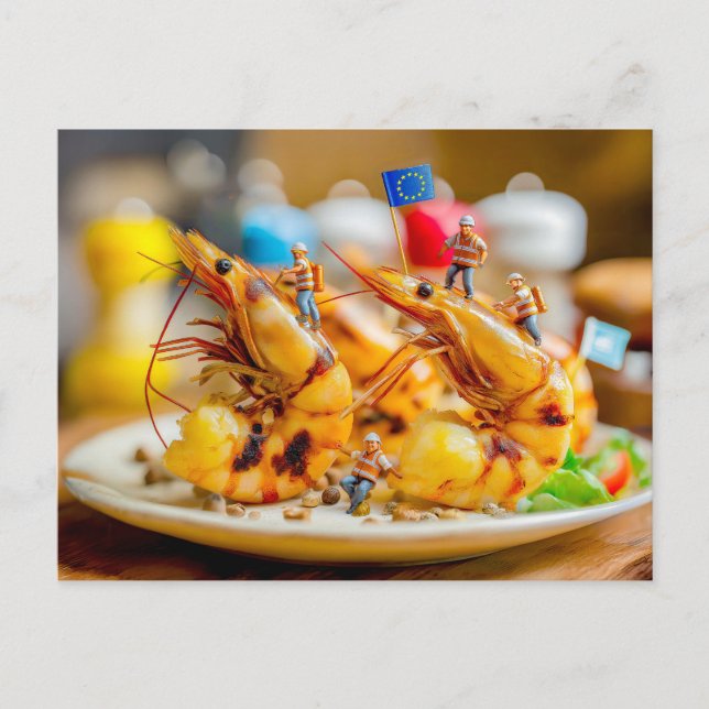 Cartes Pour Fêtes Annuelles ouvriers miniatures préparant des crevettes grillé (Devant)