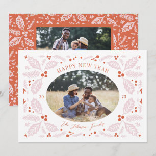 Cartes Pour Fêtes Annuelles Ovale Photo vintage avec baies de houx   Rouge ros