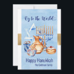 Cartes Pour Fêtes Annuelles Oy to the World Blue Gold Hanoukka<br><div class="desc">Ce design a été créé par art numérique et peut être personnalisé dans la zone fournie par le changement de la photo et/ou du texte. Vous pouvez également le customiser en choisissant l'option cliquer pour customiser une autre option et supprimer ou modifier la couleur de l'arrière - plan, ajouter du...</div>