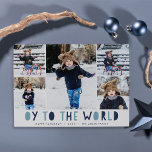 Cartes Pour Fêtes Annuelles Oy to the World | Hanoukka Photo Collage Card<br><div class="desc">Whimsical Hanoukka carte photo présente cinq de vos photos de famille préférées dans un montage "Oy to the World" apparaît sous le lettrage découpé bleu. Personnalisez avec votre nom de famille ou vos noms, des salutations personnalisées et l'année le long du bas. Les cartes retournent à un motif de neige...</div>