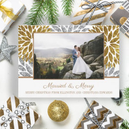 Cartes Pour Fêtes Annuelles Pailletés Argent Or Photo Jeunes Mariés Mariés Joy