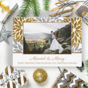 Cartes Pour Fêtes Annuelles Pailletés Argent Or Photo Jeunes Mariés Mariés Joy