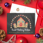 Cartes Pour Fêtes Annuelles Pain d'épice Maison Cookie Sweet Wings Chalkboard<br><div class="desc">"Souhaits De Vacances Douces". Une jolie maison de pain d'épice, fille et garçon de pain d'épices, étoiles, coeurs et bonbons, avec typographie de script ludique, superposent un arrière - plan de tableau noir gris charbon et vous aident à inaugurer la saison des fêtes. Une couronne de biscuits sucrés et votre...</div>