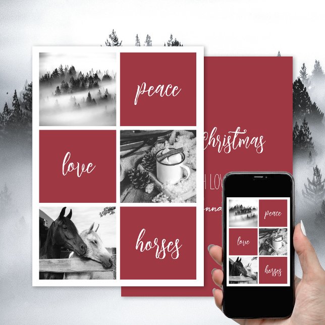 Cartes Pour Fêtes Annuelles Paix amour chevaux Amoureux de chevaux Noël Vacanc (Peace, love, horses, personalized horse photo Christmas card, modern, elegant. Download or print.)