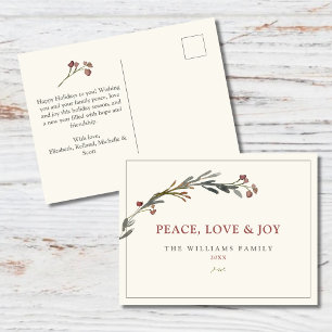 Cartes Pour Fêtes Annuelles Paix Amour et Joie Baies Rouges Verdure