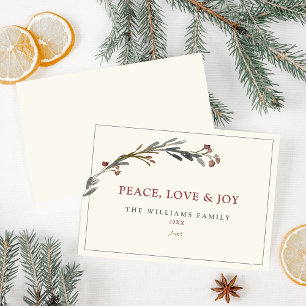 Cartes Pour Fêtes Annuelles Paix Amour et Joie Baies Rouges Verdure