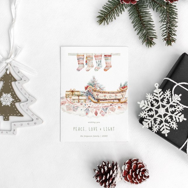 Cartes Pour Fêtes Annuelles Paix, amour et lumière | Boho voeux de Noël (Créateur téléchargé)