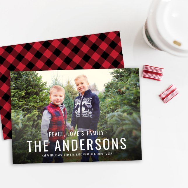 Cartes Pour Fêtes Annuelles Paix Amour Famille Buffalo Plaid Nom (Créateur téléchargé)