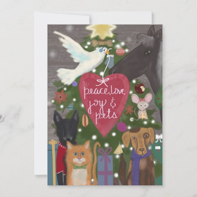 Cartes Pour Fêtes Annuelles Paix, Amour, Joie, Animaux domestiques à Noël (Devant)