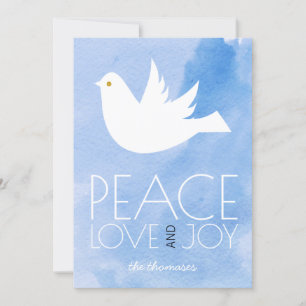 Cartes Pour Fêtes Annuelles Paix, amour, joie bleu aquarelle & colombe Noël