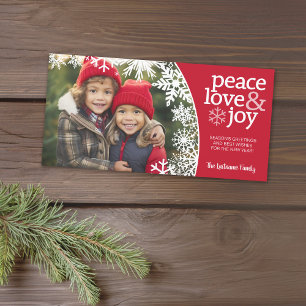 Cartes Pour Fêtes Annuelles Paix Amour Joie Flocons de neige - Photo rouge bla