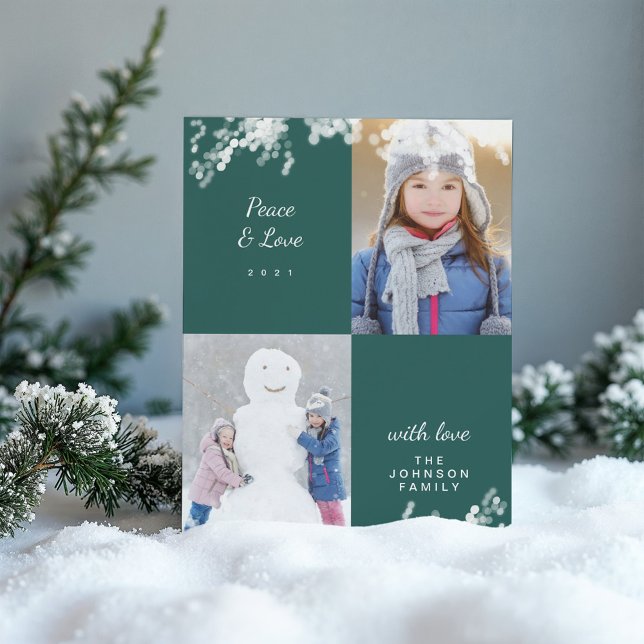 Cartes Pour Fêtes Annuelles Paix Et Amour Green Snowy Minimal Photo De Famille (Peace And Love Green Snowy Minimal Family Photo Holiday Card)